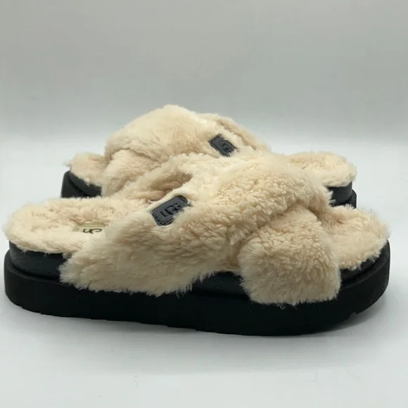UGG Fuzz Yeah Cross Natural Black Women's Slides - Picture 1 of 7